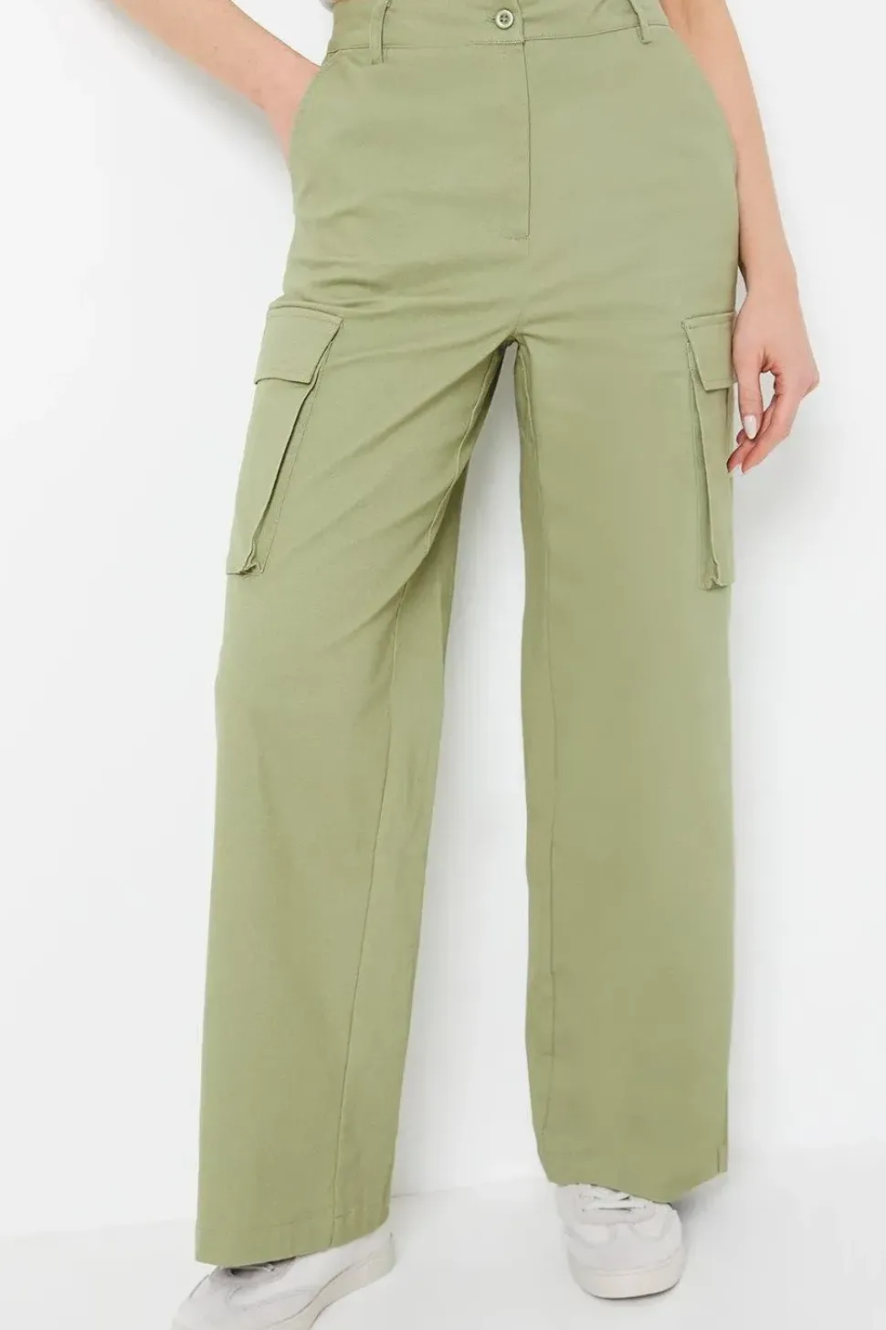 Twill Cargo Pocket Detail Wide Leg Trousers