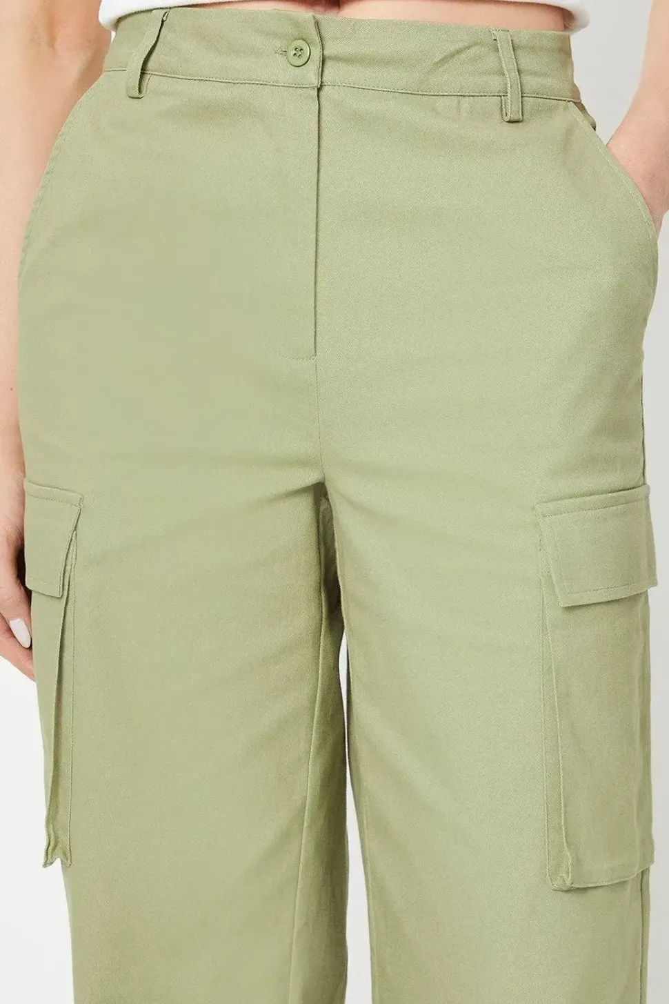 Twill Cargo Pocket Detail Wide Leg Trousers
