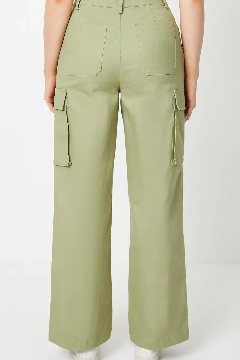 Twill Cargo Pocket Detail Wide Leg Trousers