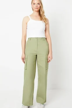 Twill Cargo Pocket Detail Wide Leg Trousers