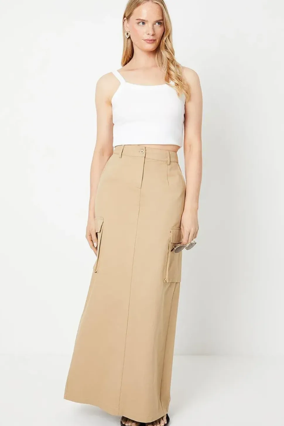 Twill Cargo Split Front Maxi Skirt