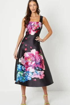 Twill Dress With Square Neck And Placement Print