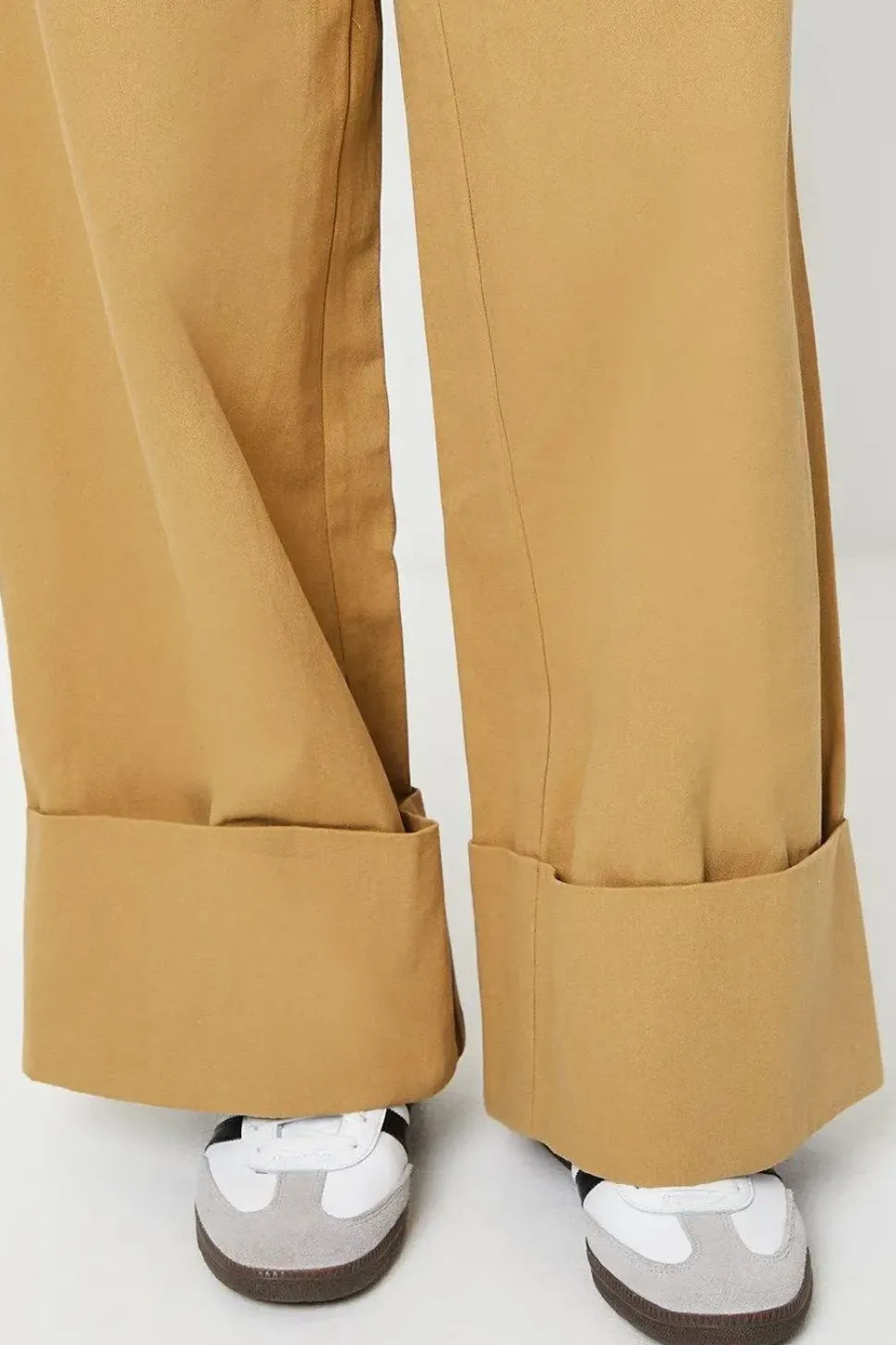 Twill Turn Up Hem Straight Leg Trouser