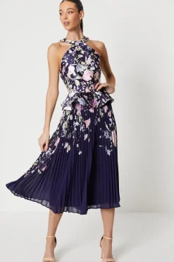 Twill Twist Halter Neckline Pleated Midi Dress