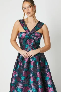 Twist Bodice Jacquard Midi Dress