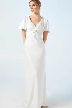 Twist Detail Satin Puddle Hem Wedding Dress