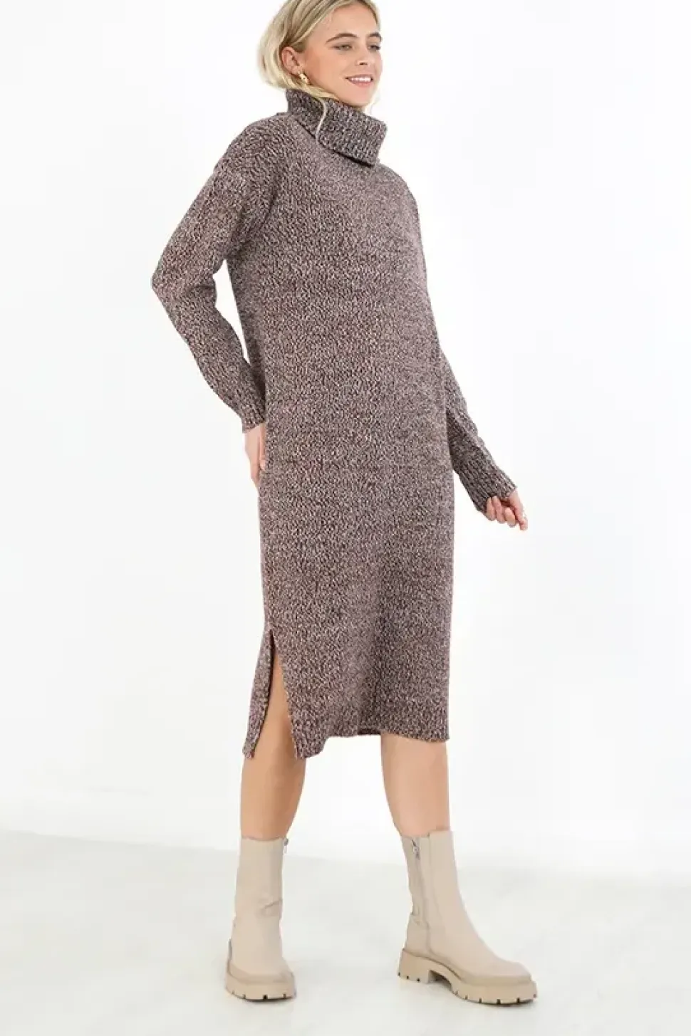 Twisted Knit Roll Neck Midi Jumper Dress