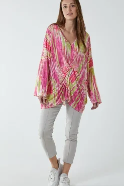 Twist Front Abstract Print Long Sleeve Top