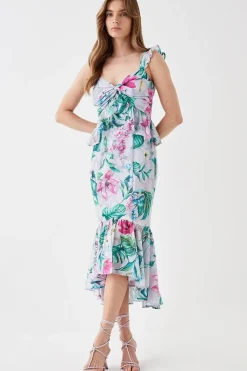Twist Front Georgette Jacquard Midi Dress