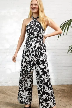Twist Neck Black Mono Print Satin Halter Jumpsuit