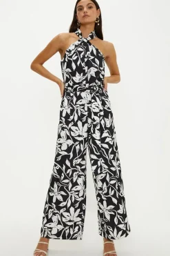 Twist Neck Black Mono Print Satin Halter Jumpsuit