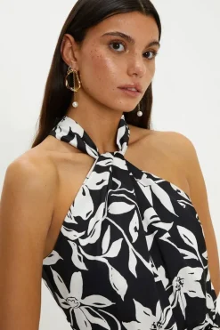 Twist Neck Black Mono Print Satin Halter Jumpsuit