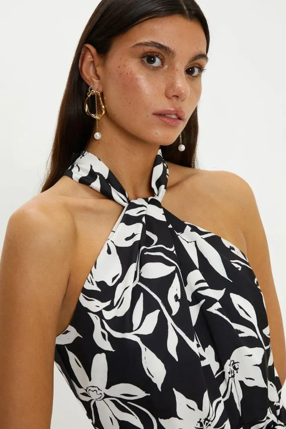 Twist Neck Black Mono Print Satin Halter Jumpsuit