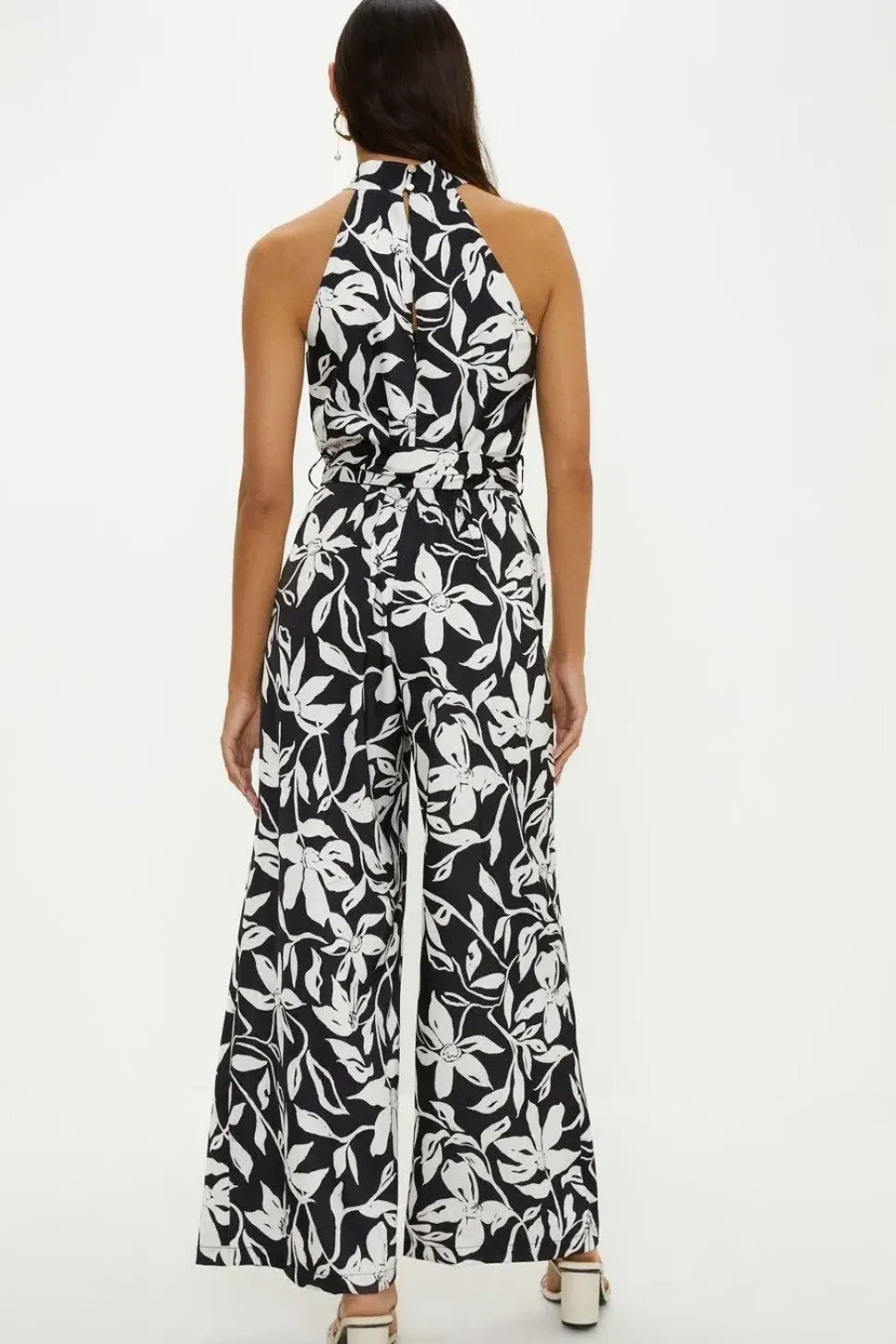Twist Neck Black Mono Print Satin Halter Jumpsuit