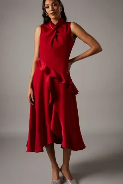 Twist Neck Ruffle Detail Satin Back Crepe Midi Dress