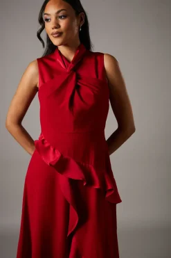 Twist Neck Ruffle Detail Satin Back Crepe Midi Dress