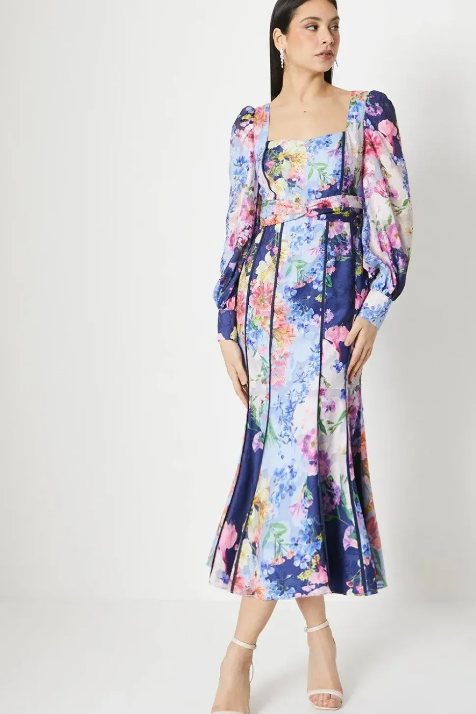 Twist Waist Georgette Jacquard Piped Detail Midi Dress