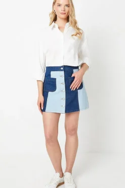 Two Tone Denim Button Through Mini Skirt