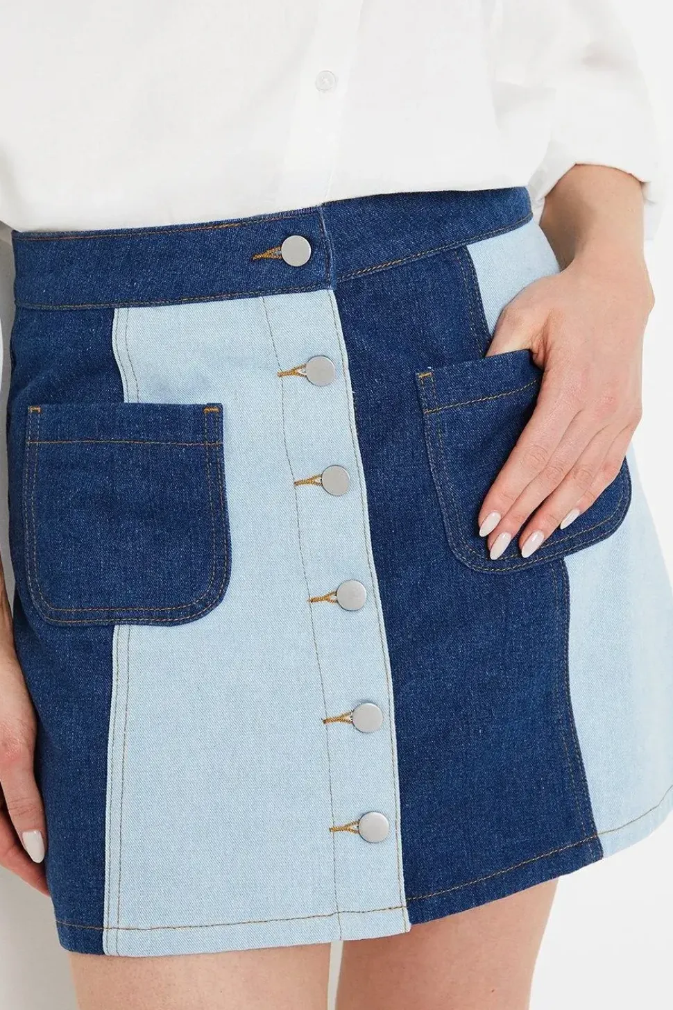 Two Tone Denim Button Through Mini Skirt
