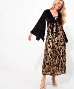Velour Kimono Sleeve V- Neck Appliqué Maxi Dress