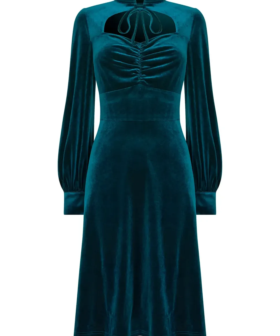 Velour Knee-Length Dress with Keyhole Neckline