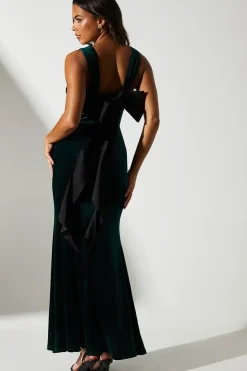 Velvet And Satin Bow Back Detail Maxi Dress
