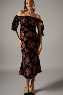 Velvet Bardot Midi Wedding Guest Dress
