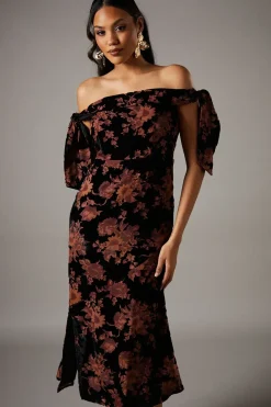 Velvet Bardot Midi Wedding Guest Dress