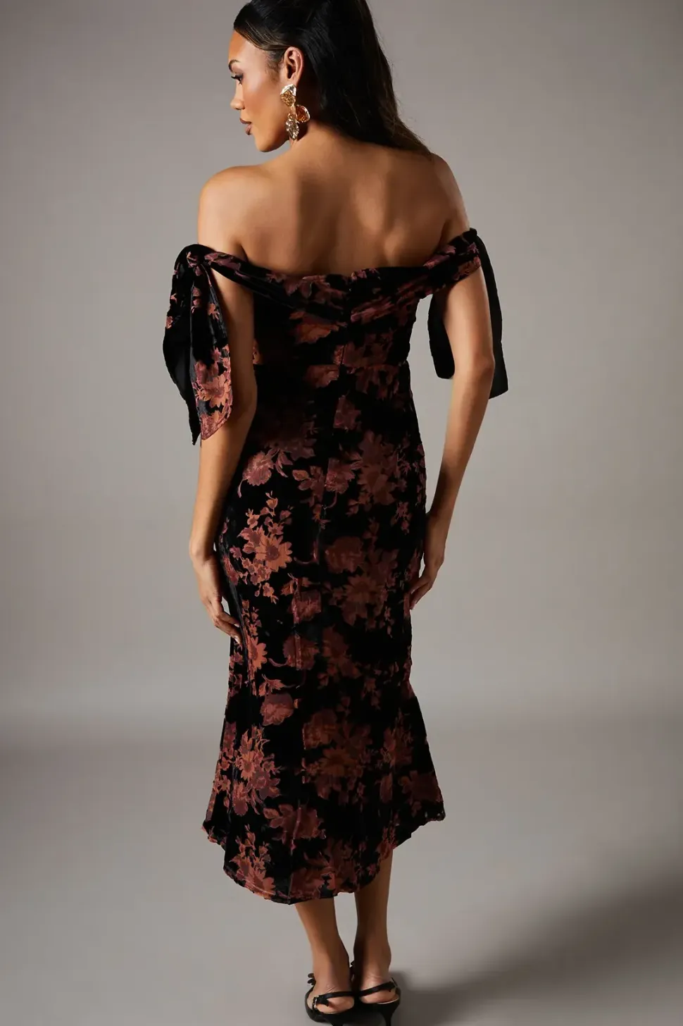 Velvet Bardot Midi Wedding Guest Dress