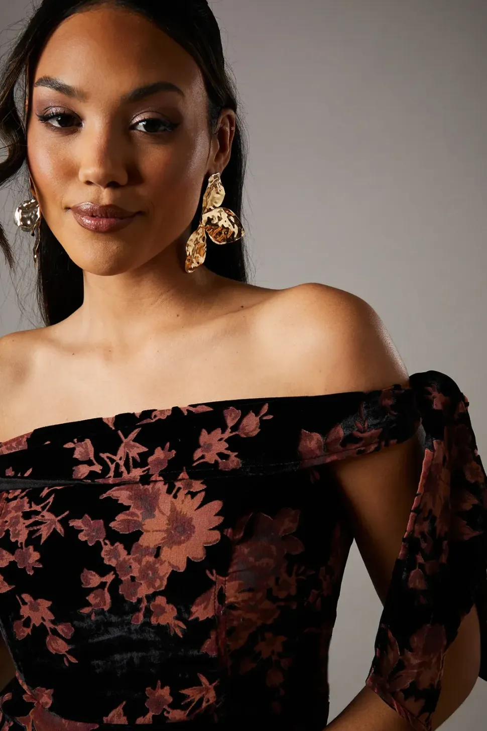 Velvet Bardot Midi Wedding Guest Dress