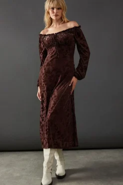 Velvet Bardot Tie Front Midi Dress