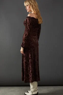 Velvet Bardot Tie Front Midi Dress