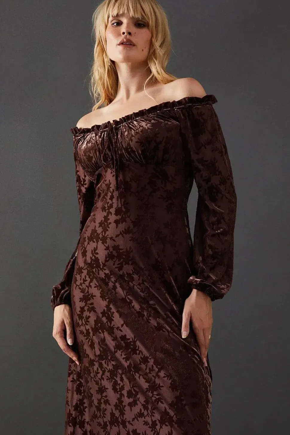 Velvet Bardot Tie Front Midi Dress