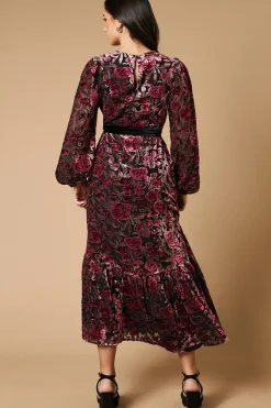 Velvet Contrast Belted Maxi Dress