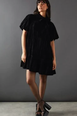 Velvet Crinkle Tie Neck Puff Sleeve Tier Hem Mini Dress
