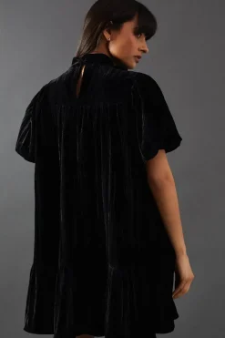 Velvet Crinkle Tie Neck Puff Sleeve Tier Hem Mini Dress