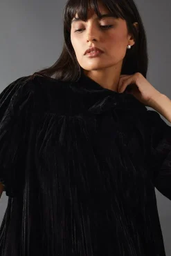 Velvet Crinkle Tie Neck Puff Sleeve Tier Hem Mini Dress