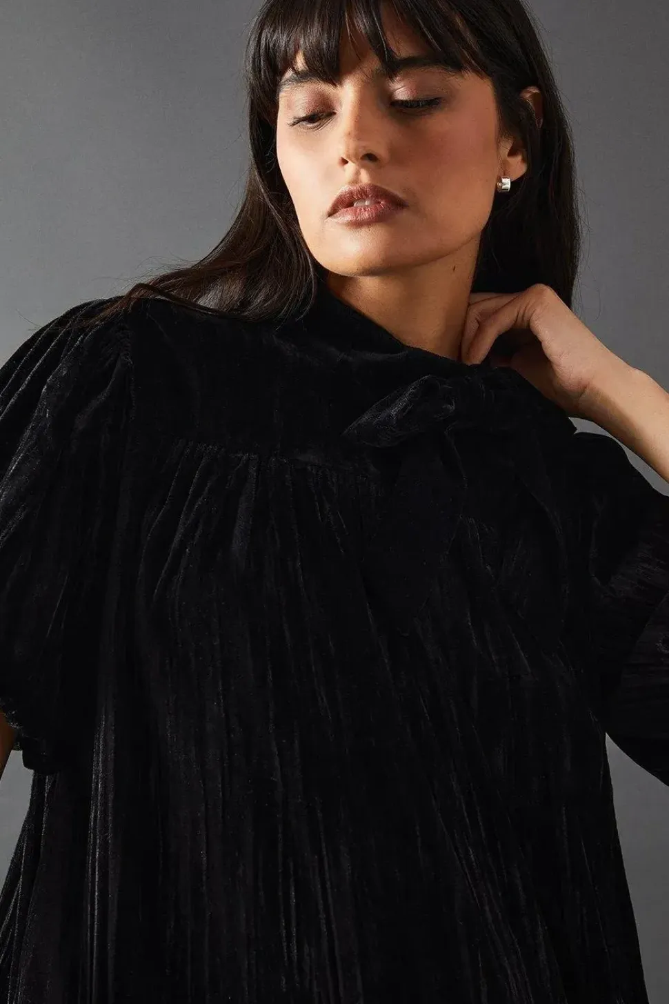 Velvet Crinkle Tie Neck Puff Sleeve Tier Hem Mini Dress