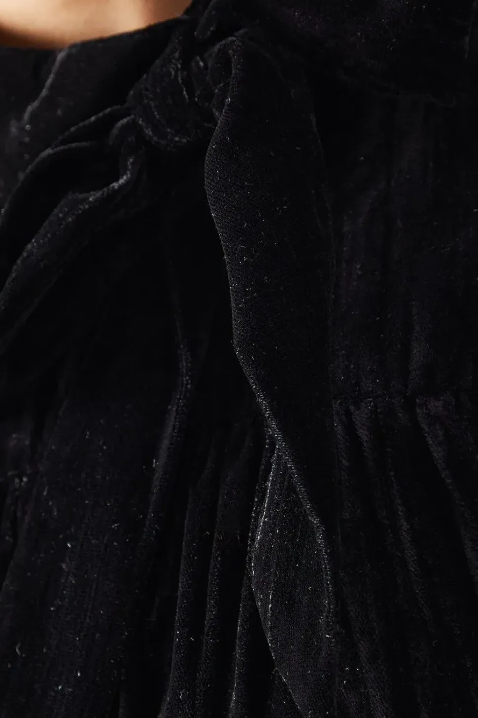 Velvet Crinkle Tie Neck Puff Sleeve Tier Hem Mini Dress