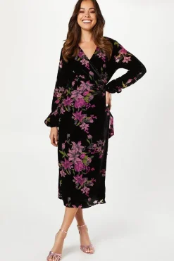 Velvet Devore Blouson Sleeve Wrap Dress