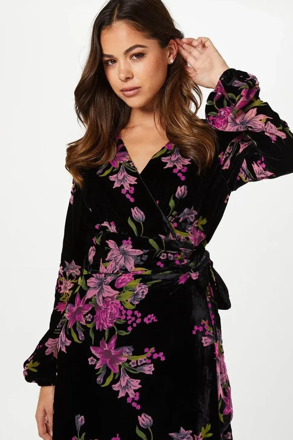 Velvet Devore Blouson Sleeve Wrap Dress