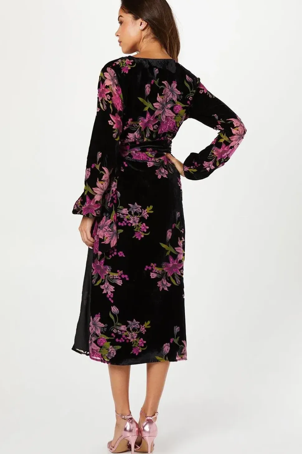 Velvet Devore Blouson Sleeve Wrap Dress