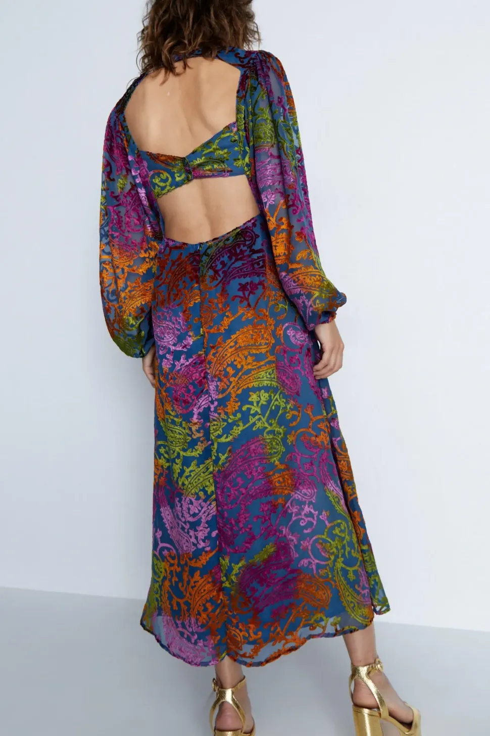 Velvet Devore Puff Sleeve Midi Dress