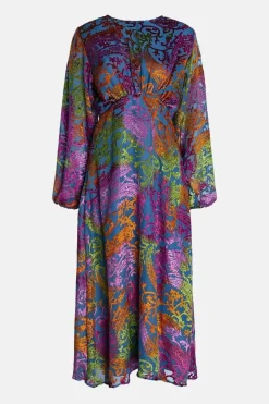 Velvet Devore Puff Sleeve Midi Dress