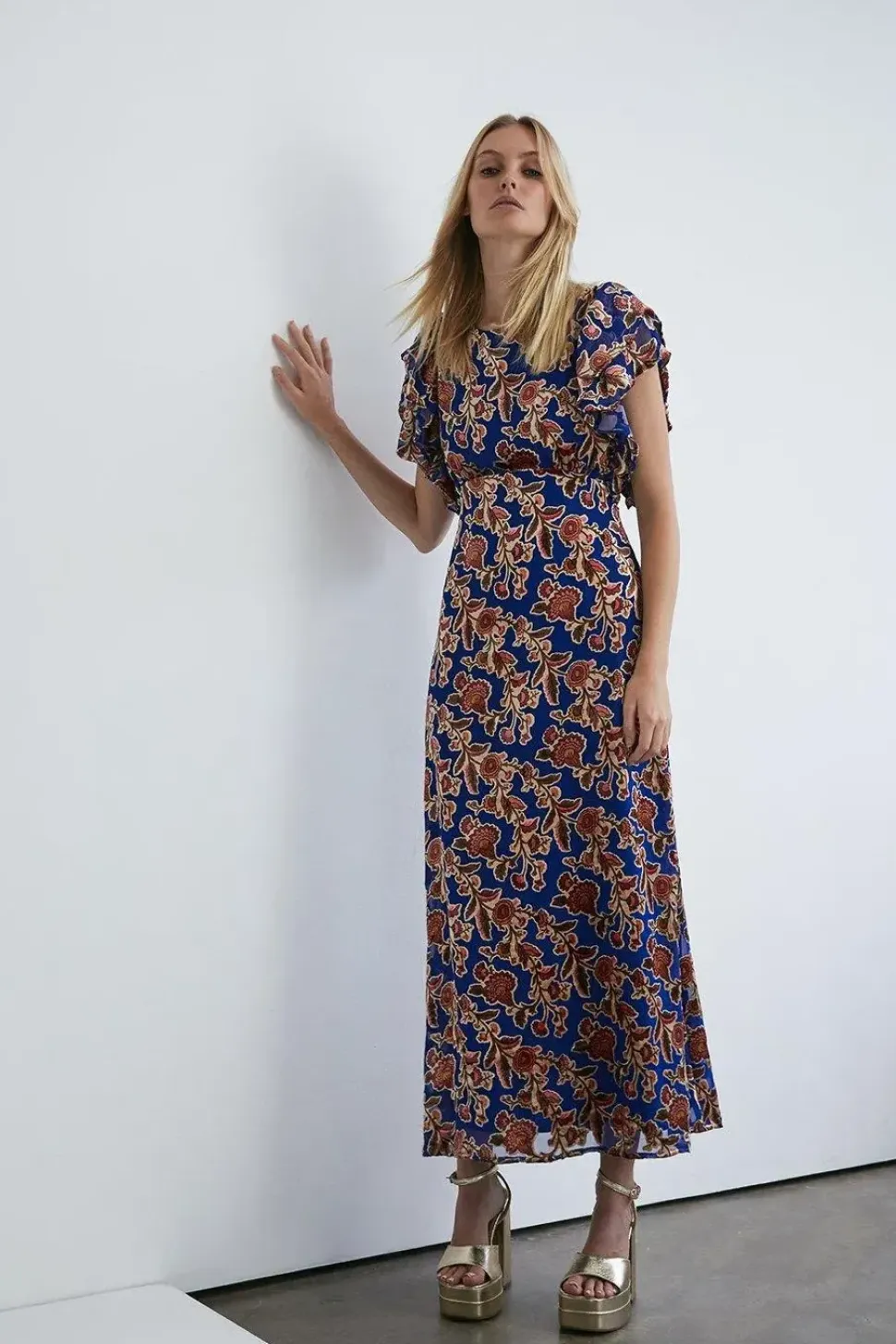 Velvet Devore Ruffle Sleeve Maxi Dress