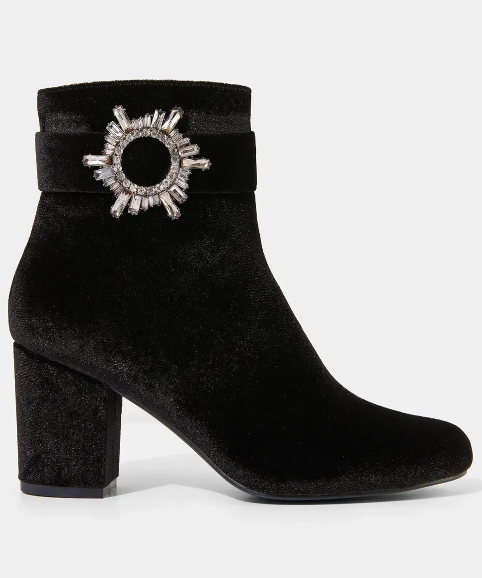 Velvet Diamanté Buckle Chunky Ankle Boots