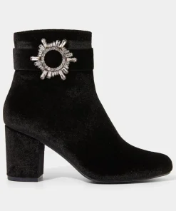 Velvet Diamanté Buckle Chunky Ankle Boots