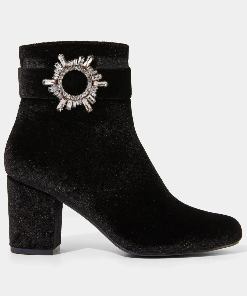 Velvet Diamanté Buckle Chunky Ankle Boots