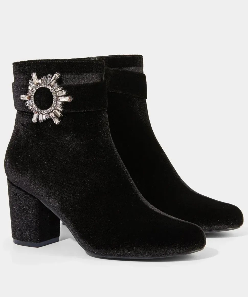 Velvet Diamanté Buckle Chunky Ankle Boots