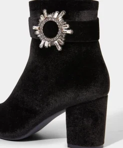 Velvet Diamanté Buckle Chunky Ankle Boots